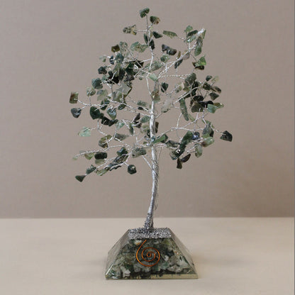 Moss Agate Gemstone Tree with Orgonite Base | 160 Stones | 8x8x17cm | New