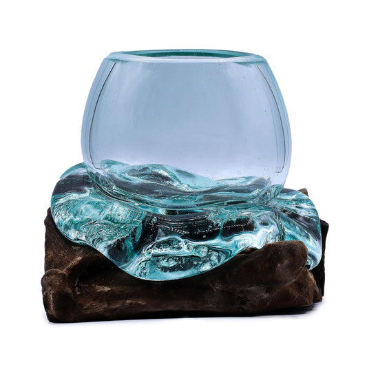 Molten Glass Mini Goldfish Bowl on Driftwood | Handmade in Bali | 20cm | 13x17x13cm | New
