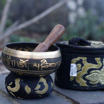 Mini Singing Bowl Gift Set | Black | Hand-Painted | Brass | Pouch and Box | New