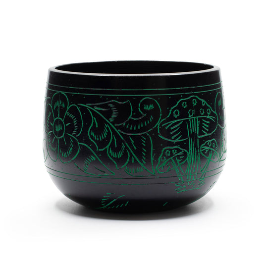 Magic Mushroom cauldron singing bowl in black and green, 15cm, with engraved mushroom and flower design