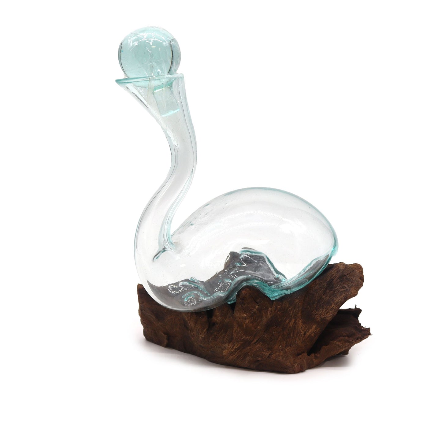 Molten Glass Wine Decanter on Driftwood | 1 Litre | Handmade in Bali | 26x20x39cm | New