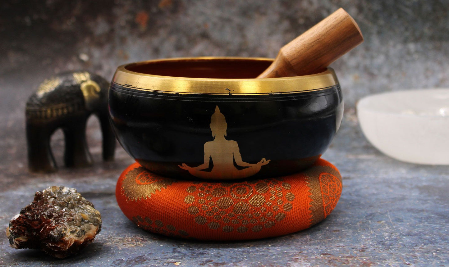 Buddha Singing Bowl Set | Black and Orange | 14cm | Brass | New