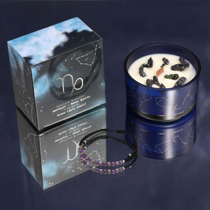 Capricorn Zodiac Crystal Candle with Gemstone Bracelet | Soy Wax | Amethyst and Smoky Quartz | Wooden Crackle Wick | Peruvian Pyrite