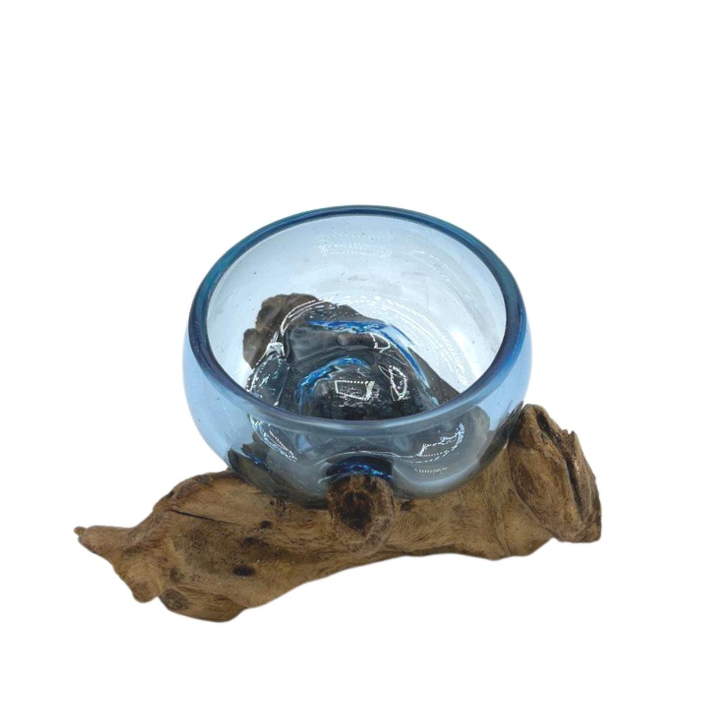 Molten Glass Mini Blue Bowl on Driftwood | Handmade in Bali | 12x6x7cm | New