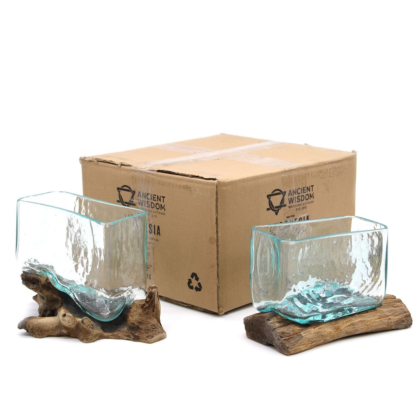 Molten Glass Tank on Driftwood with Stand | Medium Bowl | Handmade in Bali | 12x15x8cm | New