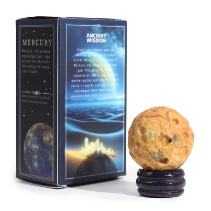 Mercury Gemstone Planet Crazy Lace Jasper Sphere 40mm | Solar Goldstone Stand | Luck Chance Communication
