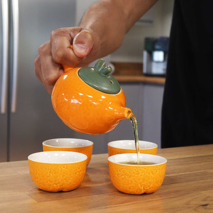 Orange Ceramic Herbal Teapot Set 5 Piece | 1 Pot and 4 Cups | Vibrant Artisan Tea Lover Gift