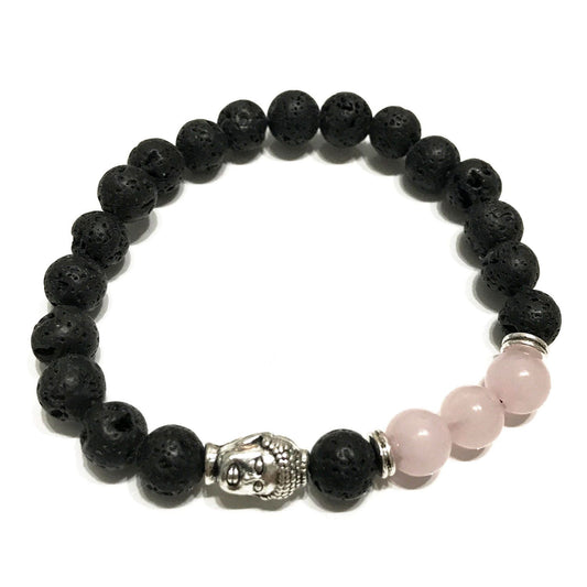Buddha Rose Quartz Lava Stone Bracelet | Buddha Charm | Essential Oil Diffuser Beads | Stretch Fit | Unisex
