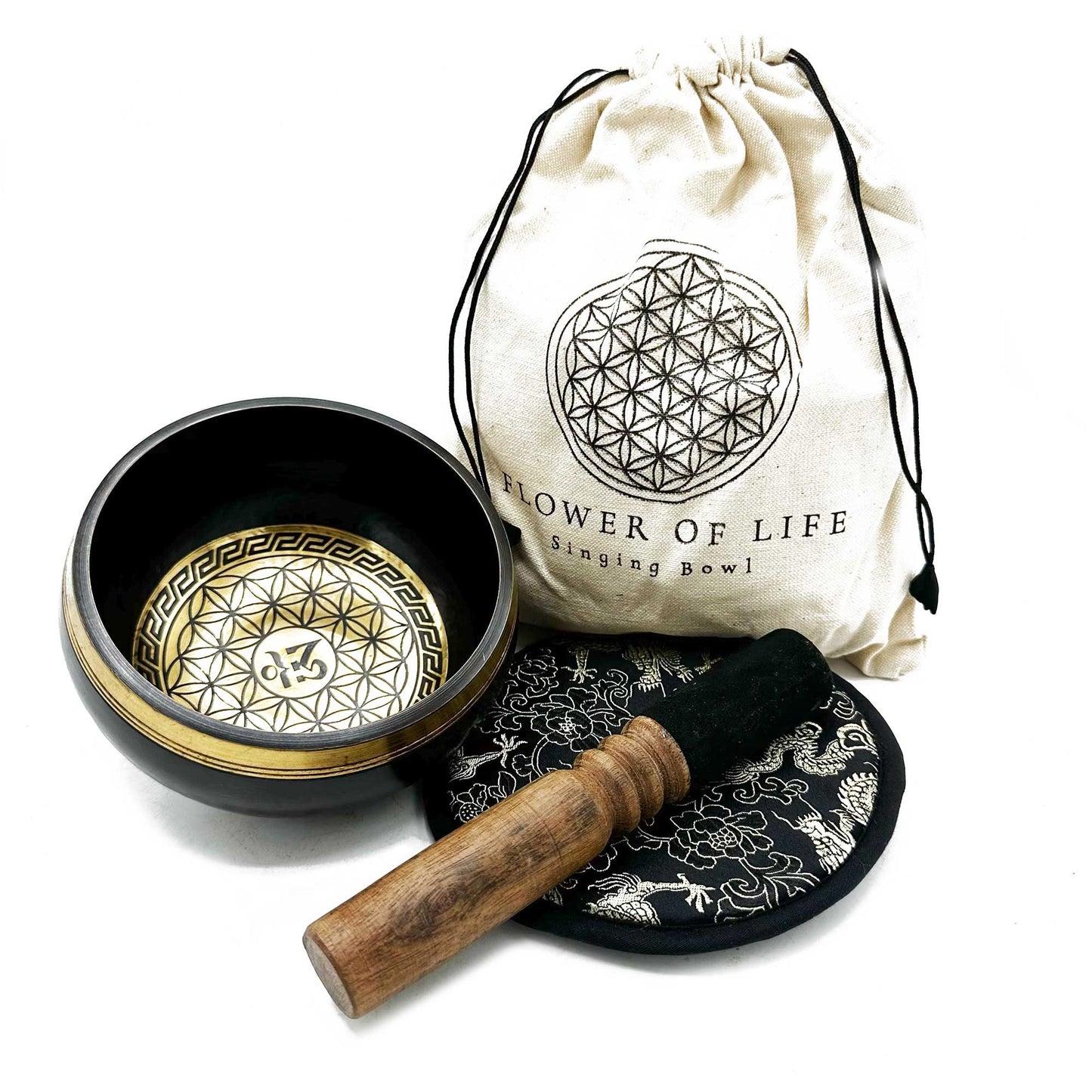 Flower of Life Singing Bowl Gift Set | Hand Beaten and Engraved | 14cm | Brass | New