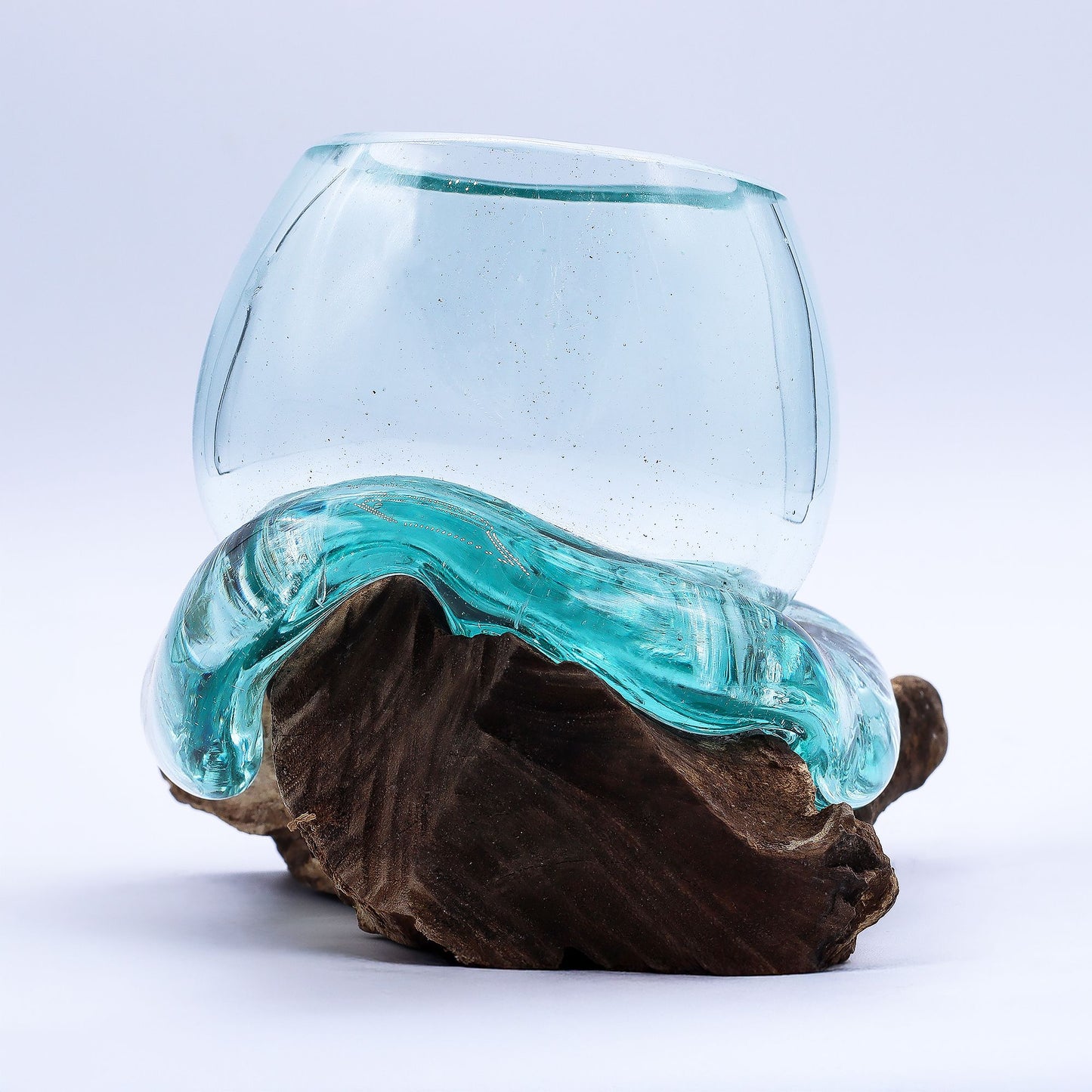 Molten Glass Mini Goldfish Bowl on Driftwood | Handmade in Bali | 20cm | 13x17x13cm | New