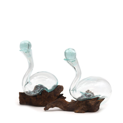 Molten Glass Wine Decanter on Driftwood | 1 Litre | Handmade in Bali | 26x20x39cm | New