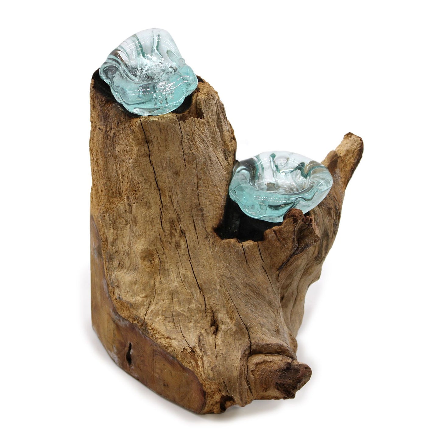Molten Glass Candle Double Holder on Driftwood | Handmade in Bali | 20x30x17cm | New