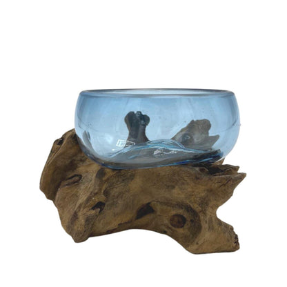Molten Glass Mini Blue Bowl on Driftwood | Handmade in Bali | 12x6x7cm | New