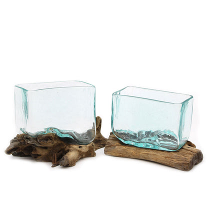 Molten Glass Tank on Driftwood with Stand | Medium Bowl | Handmade in Bali | 12x15x8cm | New