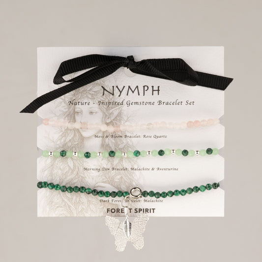Forest Spirit Nymph Spirit gemstone bracelet set of three on its gift card with ribbon