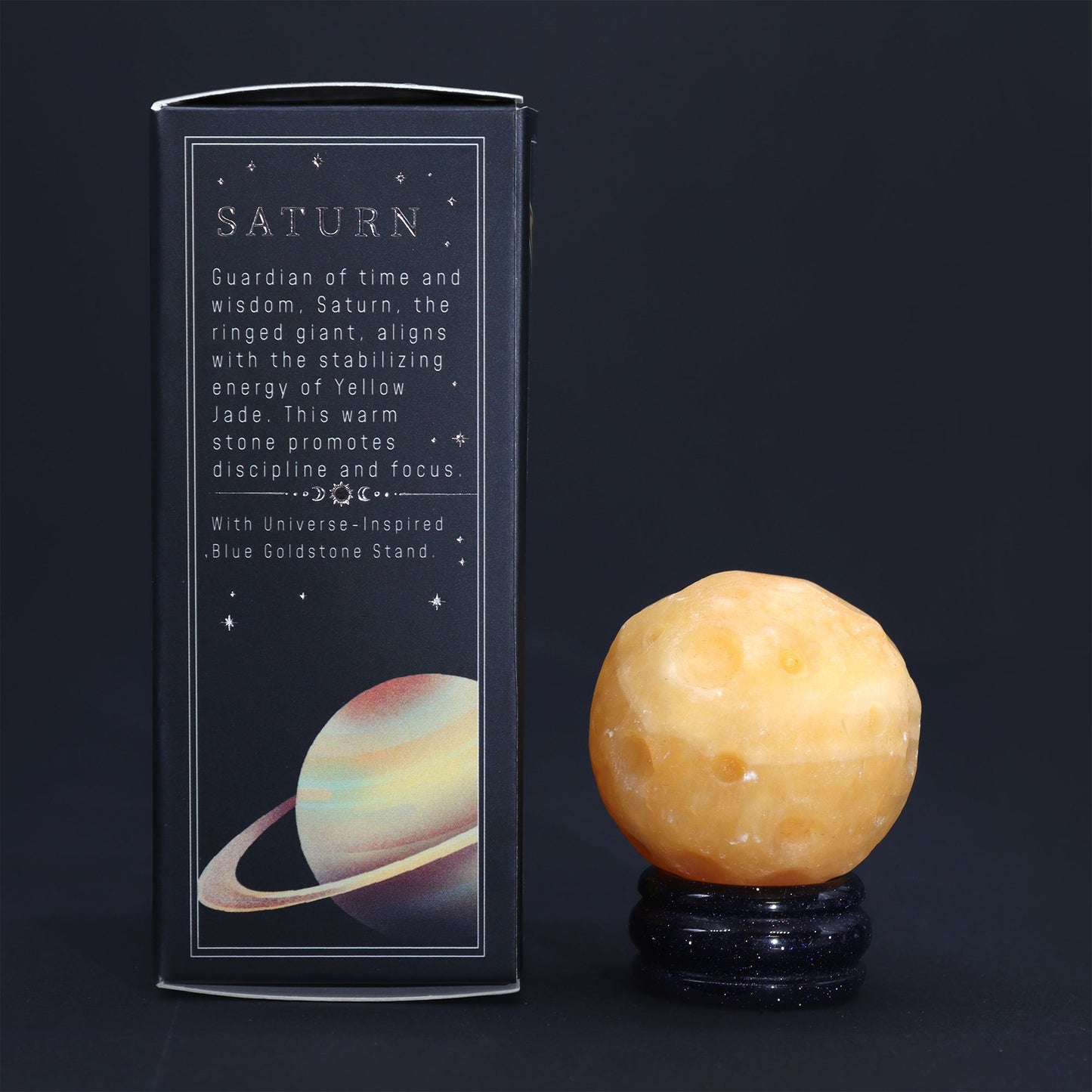 Saturn Gemstone Planet Yellow Jade Sphere 40mm | Solar Goldstone Stand | Patience Focus Discipline