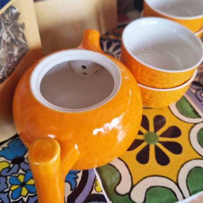 Orange Ceramic Herbal Teapot Set 5 Piece | 1 Pot and 4 Cups | Vibrant Artisan Tea Lover Gift