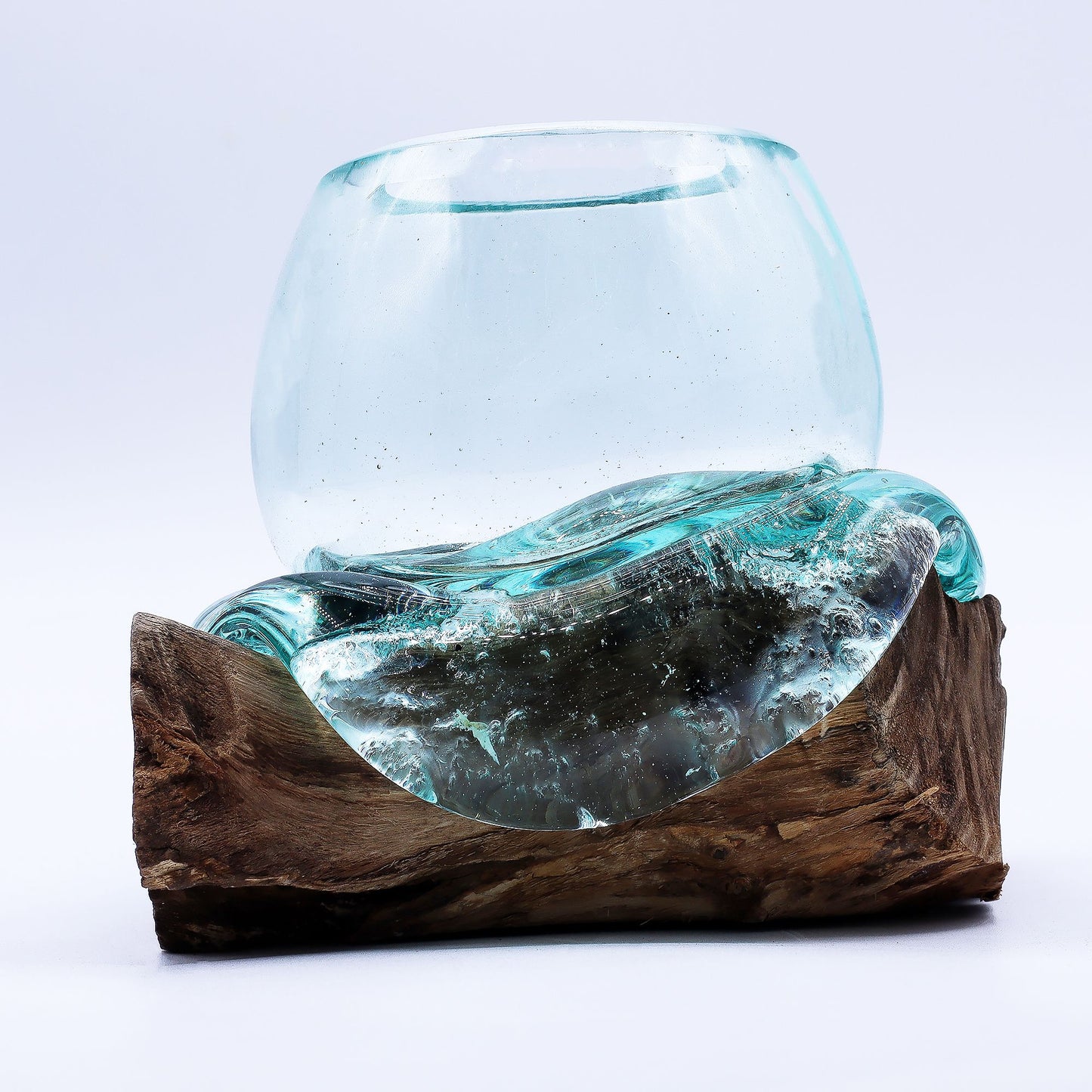 Molten Glass Mini Goldfish Bowl on Driftwood | Handmade in Bali | 20cm | 13x17x13cm | New
