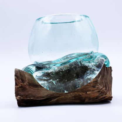 Molten Glass Mini Goldfish Bowl on Driftwood | Handmade in Bali | 20cm | 13x17x13cm | New