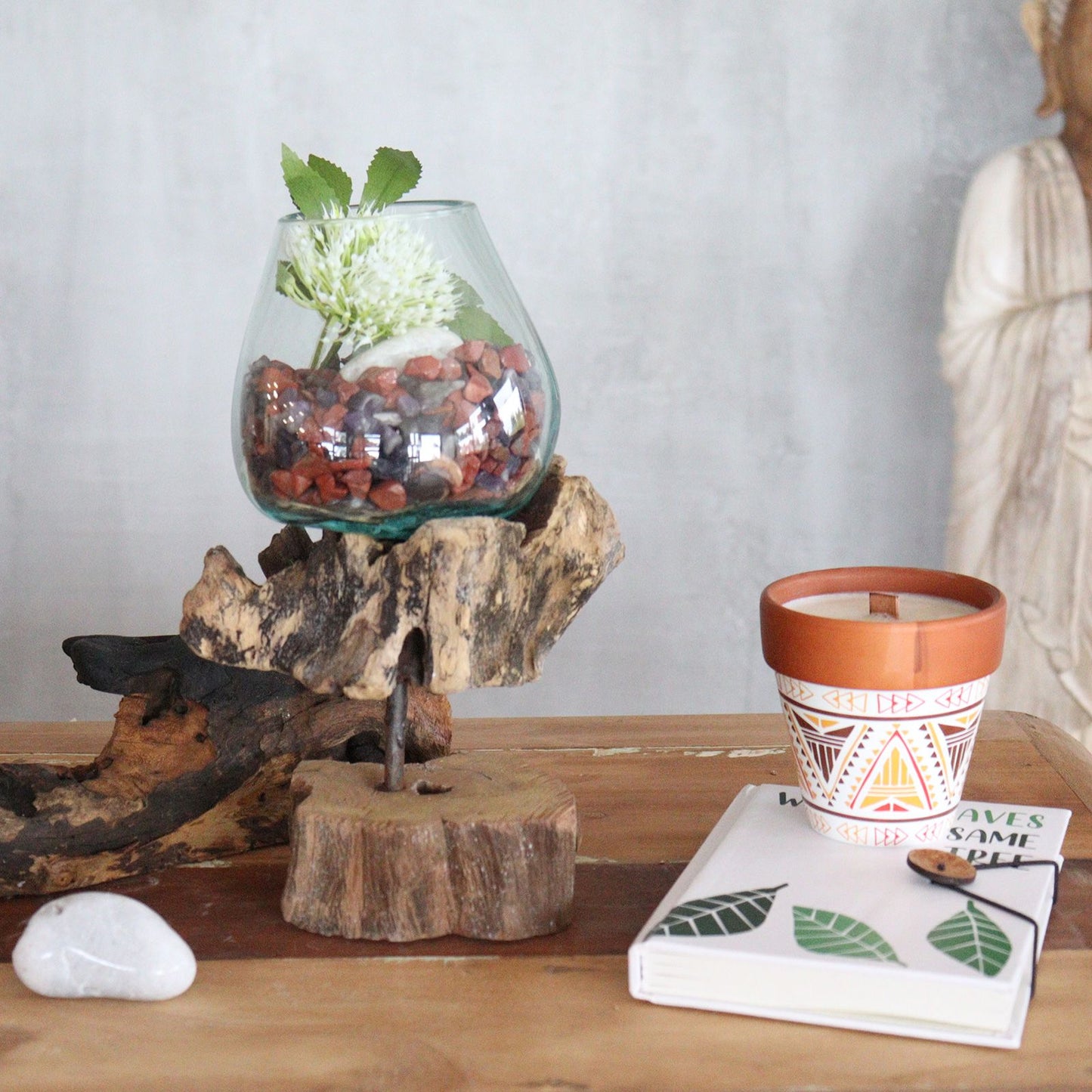 Molten Glass Medium Bowl on Driftwood with Stand | Handmade in Bali | 25x14x10cm | New