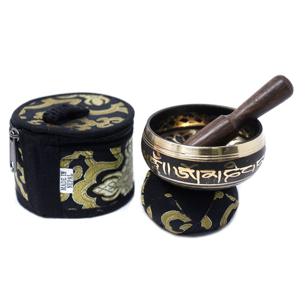 Mini Singing Bowl Gift Set | Black | Hand-Painted | Brass | Pouch and Box | New