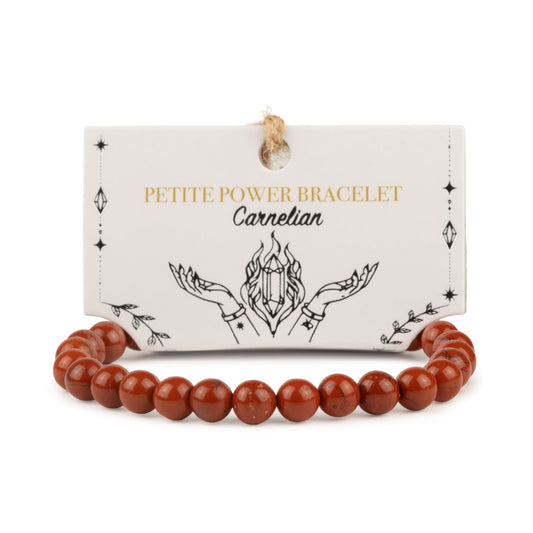 Carnelian petite power bracelet with 6mm beads on its illustrated presentation card