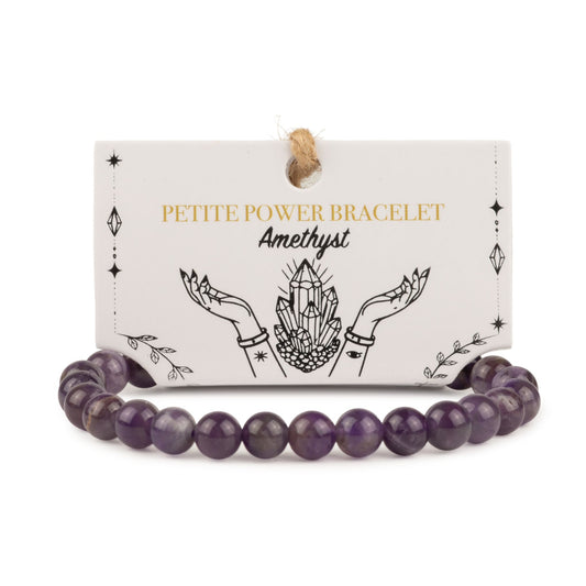 Amethyst petite power bracelet with 6mm beads on its illustrated presentation card