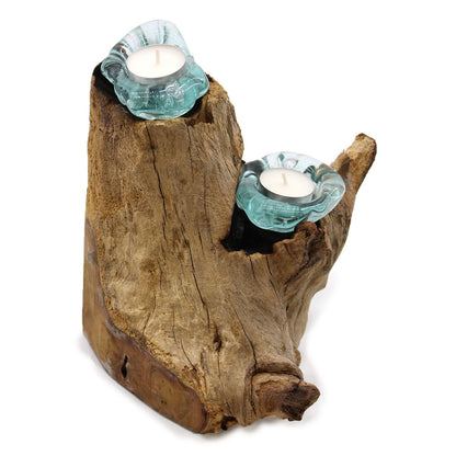 Molten Glass Candle Double Holder on Driftwood | Handmade in Bali | 20x30x17cm | New