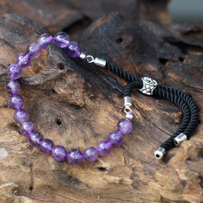 Amethyst String Bracelet | 925 Silver Plated Slider | Black Rope Cord | Adjustable | Unisex