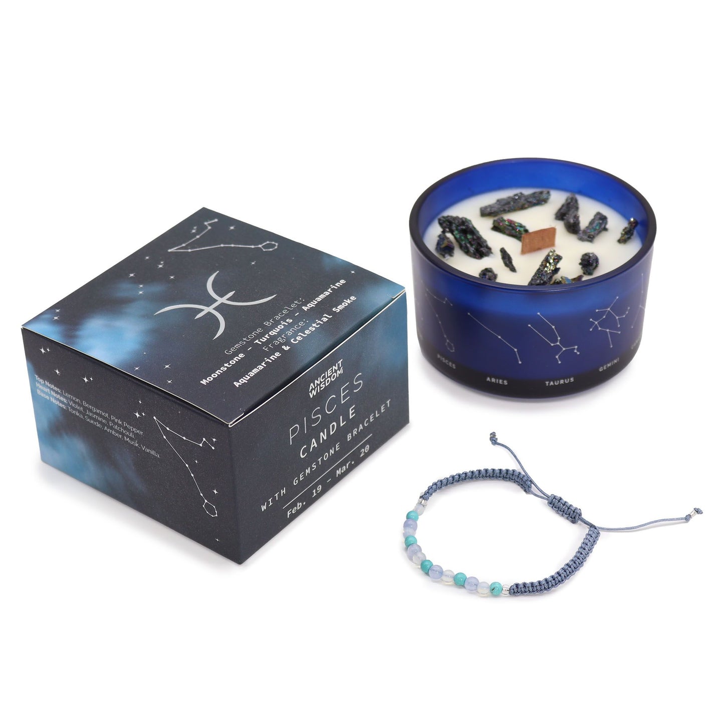 Pisces Birthday Zodiac Candle and Crystal Bracelet Gift Set | Soy Wax | Moonstone Aquamarine Turquoise