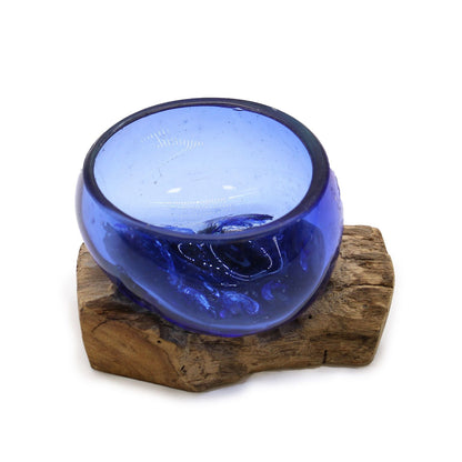 Molten Glass Mini Blue Bowl on Driftwood | Handmade in Bali | 12x6x7cm | New