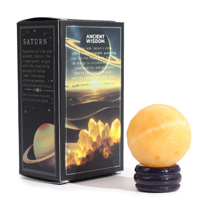 Saturn Gemstone Planet Yellow Jade Sphere 40mm | Solar Goldstone Stand | Patience Focus Discipline
