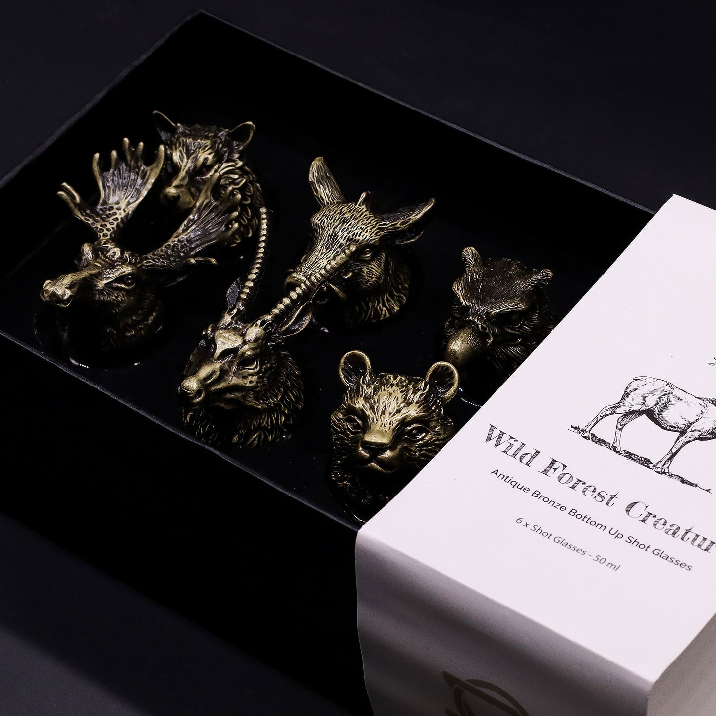 Wild Forest Creatures Shot Glass Gift Set of 6 | 50ml | Antique Bronze | Novelty Barware | New