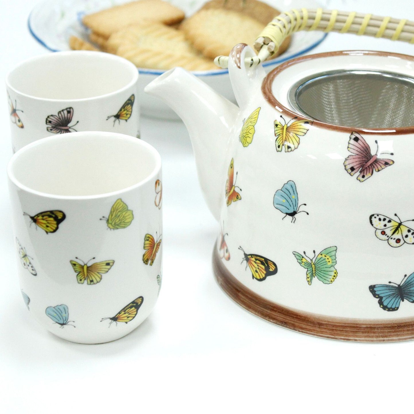 Butterfly Ceramic Herbal Teapot Set 7 Piece | Artisan Style | Nature Inspired Tea Lover Gift Set