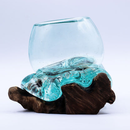 Molten Glass Mini Goldfish Bowl on Driftwood | Handmade in Bali | 20cm | 13x17x13cm | New