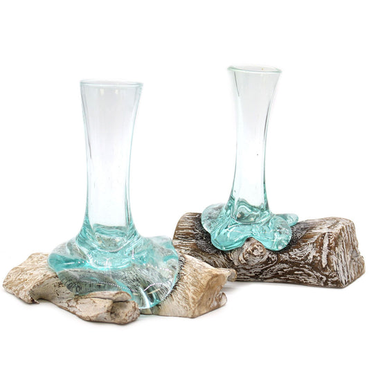 Molten Glass Vase on Whitewash Wood | Small | Handmade in Bali | 19x15x15cm | New