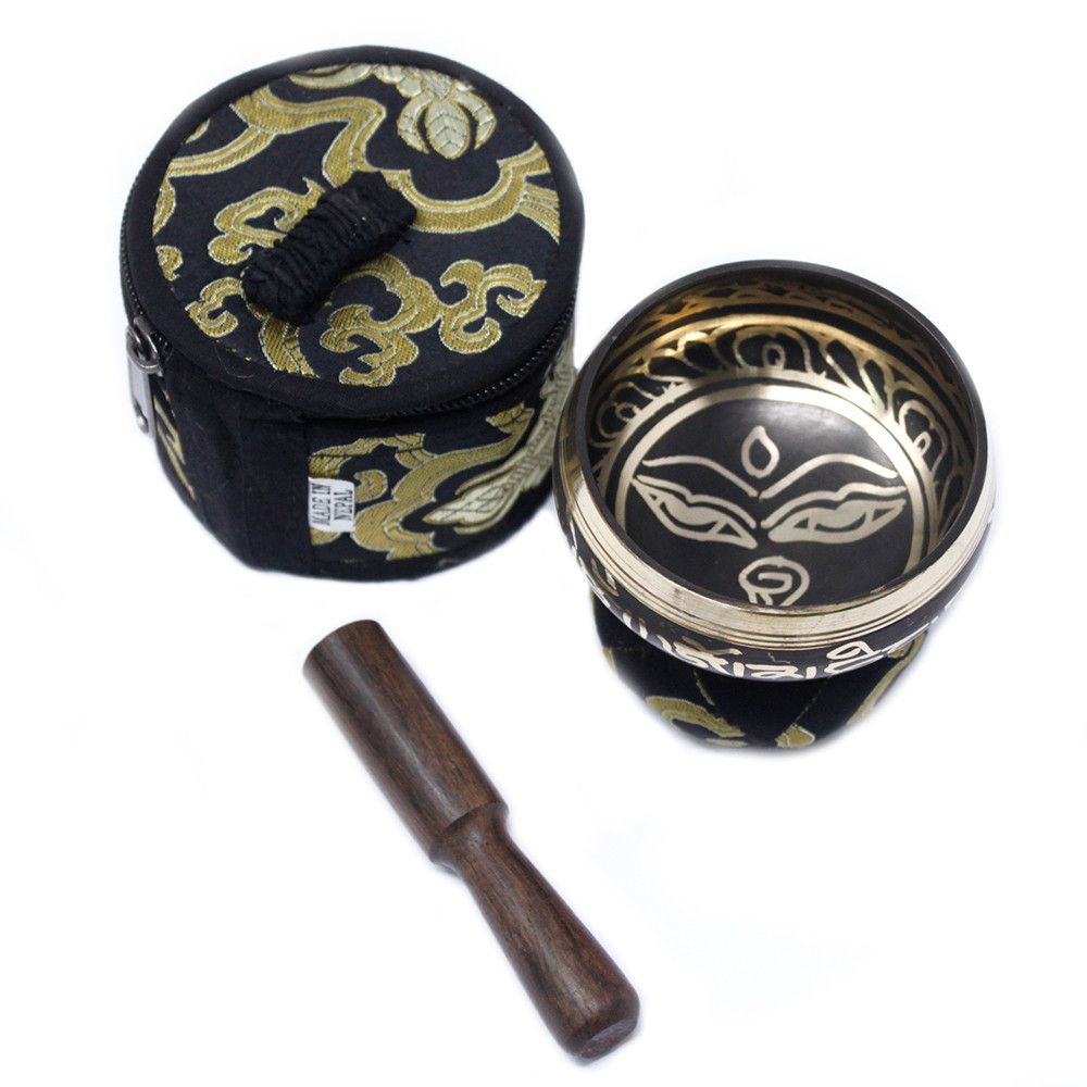 Mini Singing Bowl Gift Set | Black | Hand-Painted | Brass | Pouch and Box | New