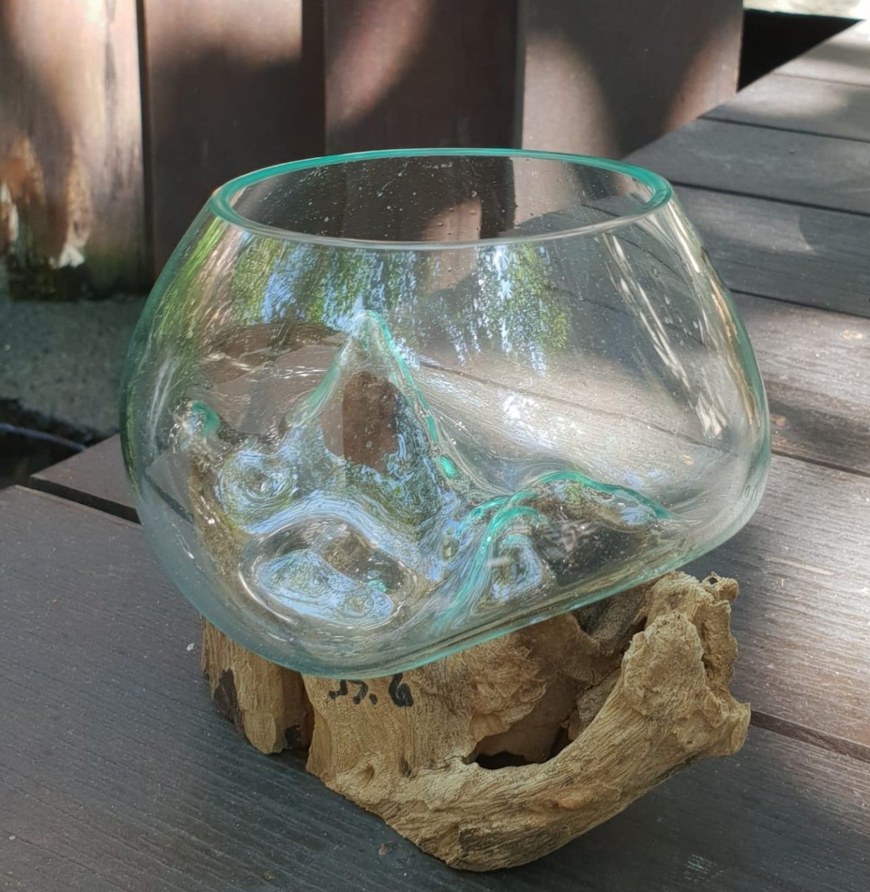 Molten Glass Small Bowl on Driftwood | Handmade in Bali | 13x12.5x10cm | New
