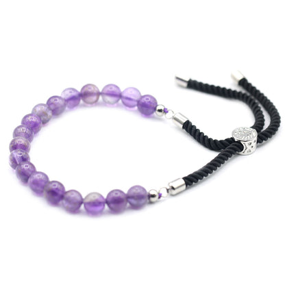 Amethyst String Bracelet | 925 Silver Plated Slider | Black Rope Cord | Adjustable | Unisex