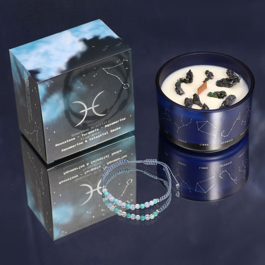 Pisces Birthday Zodiac Candle and Crystal Bracelet Gift Set | Soy Wax | Moonstone Aquamarine Turquoise