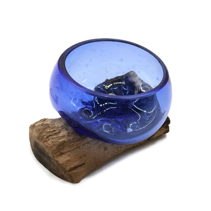 Molten Glass Mini Blue Bowl on Driftwood | Handmade in Bali | 12x6x7cm | New
