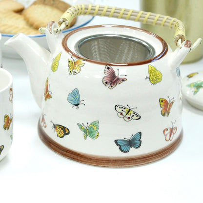 Butterfly Ceramic Herbal Teapot Set 7 Piece | Artisan Style | Nature Inspired Tea Lover Gift Set