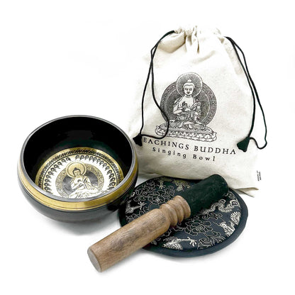 Teachings Buddha Singing Bowl Gift Set | Hand Beaten and Engraved | 14cm | Brass | New
