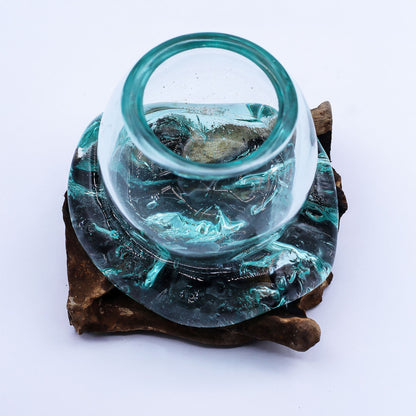 Molten Glass Mini Goldfish Bowl on Driftwood | Handmade in Bali | 20cm | 13x17x13cm | New
