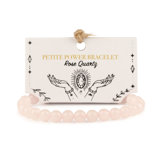 Rose Quartz petite power bracelet with 6mm beads on its illustrated presentation card