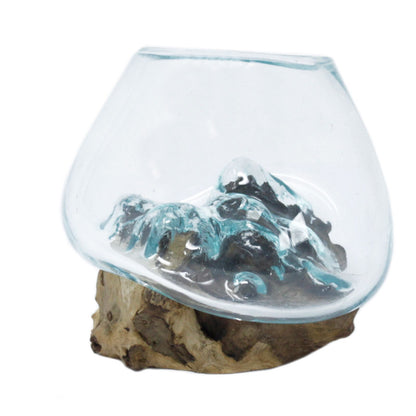 Molten Glass Small Bowl on Driftwood | Handmade in Bali | 13x12.5x10cm | New