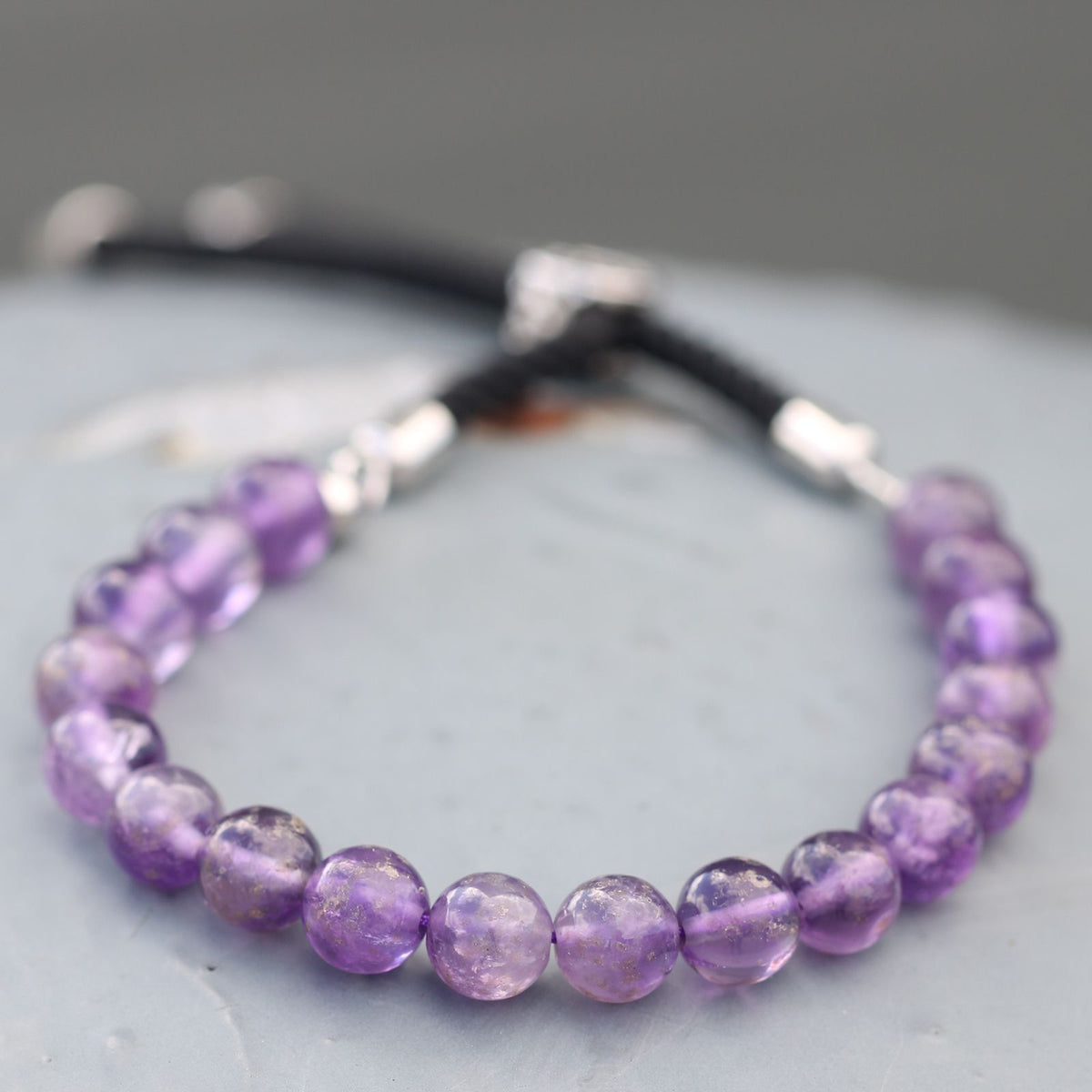 Amethyst String Bracelet | 925 Silver Plated Slider | Black Rope Cord | Adjustable | Unisex