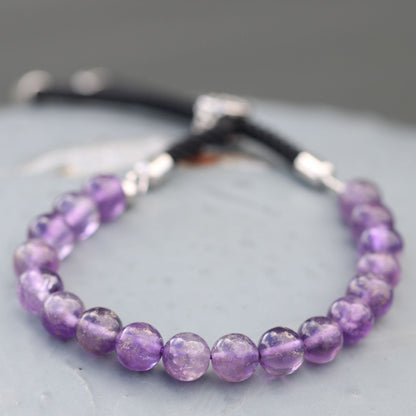 Amethyst String Bracelet | 925 Silver Plated Slider | Black Rope Cord | Adjustable | Unisex