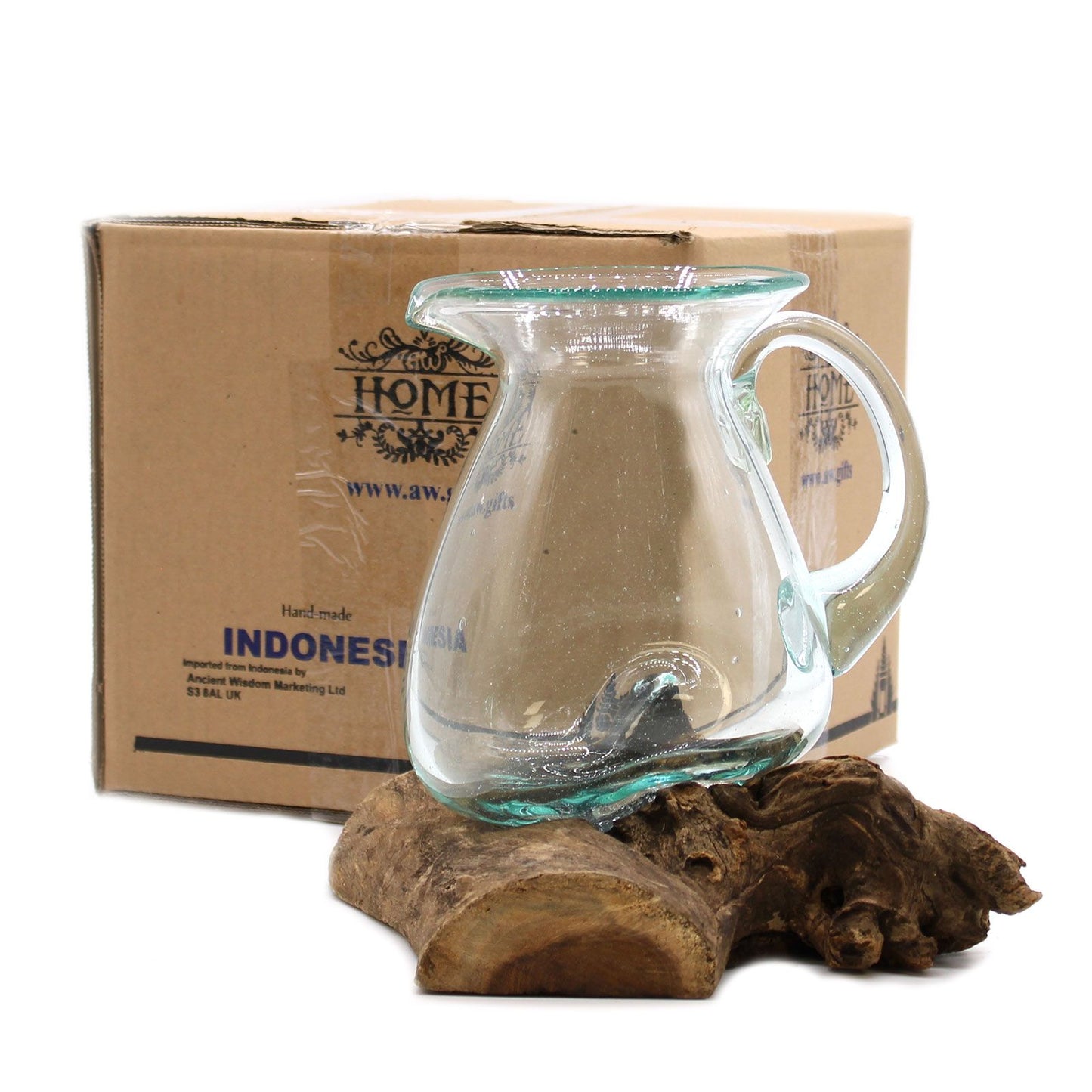 Molten Glass Water Jug on Driftwood | 0.6 Litre | Handmade in Bali | 18x10cm | New