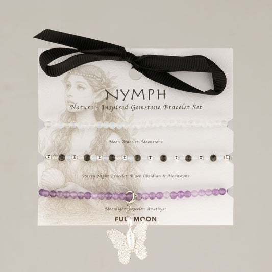 Full Moon Nymph Spirit gemstone bracelet set of three on its gift card with ribbon